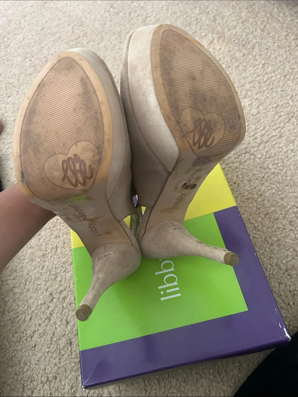 libby. edelman Taupe Suede Peep-Toe Slingback Heels